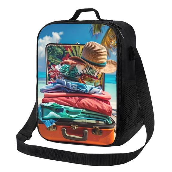 Xecao Tropical Vacation Essentials Print Lunch Bag - Durable, Double-Insulated Lunch Bag, Holds Lunch Box, Water Bottle, & Snacks,Leakproof Cooler Tote Bag