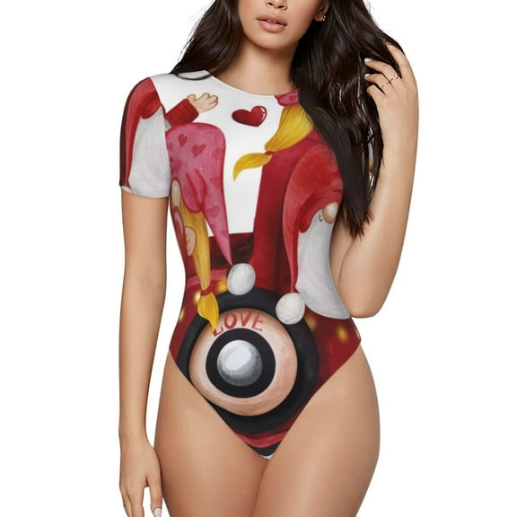 Xecao Truck With Gnomes Pattern Women's Crew Neck Body Suit, Short-Sleeved Bodysuit and Basic Swimsuit,Both Comfort and Style for Dating and Daily life -Large