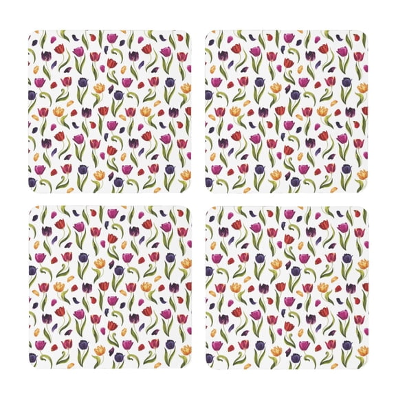 Xecao Tulips Flowers for MDF Cork Coaster 4 Pcs,Drink Coasters,Suit for House Warming Gifts New Home ,Coffee Table Decor-Square