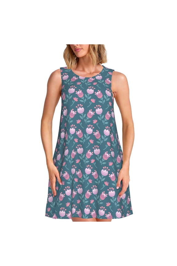 Tulips Flowers for Summer Dresses for Women Casual Sundresses Beach Cover Ups Sleeveless Tshirt Swing Dress with Pockets