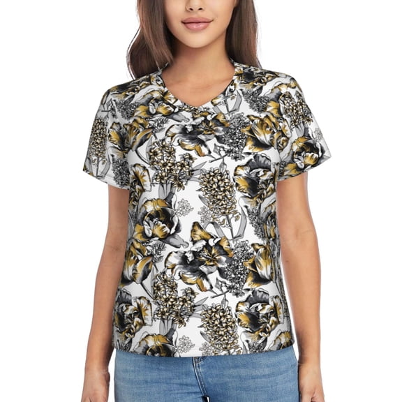 Xecao Tulips Flowers for Women's V-Neck T-Shirts-Elegant Half-Sleeve Tops Perfect for Summer-Large