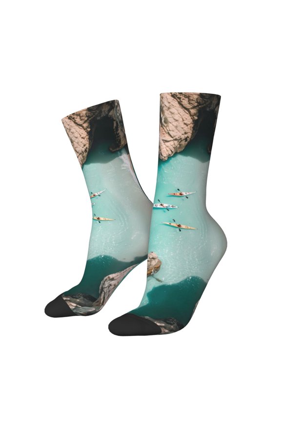 Turquoise Beach Kayaking Pattern Sport Socks for Women and Men Crew Socks Sporty Calf Socks Casual Socks