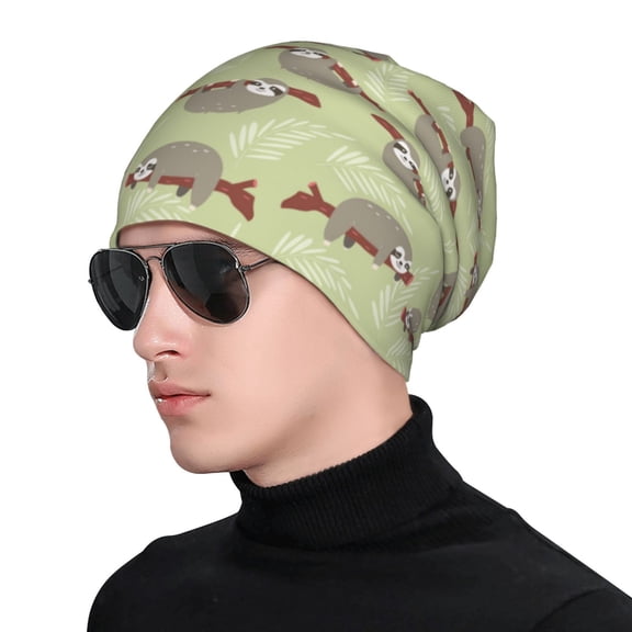 Xecao Twig Sloth Print Beanie Knitted Hat for Men Women, Winter Fashion Knit Cuffed Caps Unisex