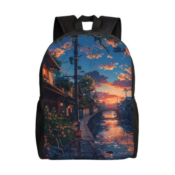 Xecao Twilight Canal Reflection Print School Backpack with Laptop Compartment Small Travel Laptop Backpack for Women Men Waterproof College Backpack Simple School Bag