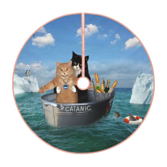 Xecao Two Brave Cats Are Floating On The Sea Iceberg Pattern Christmas Tree Skirt Holiday Part Decorations for Christmas Tree, Farmhouse Christmas Decor Xmas Holiday Home Party Decorations-30"