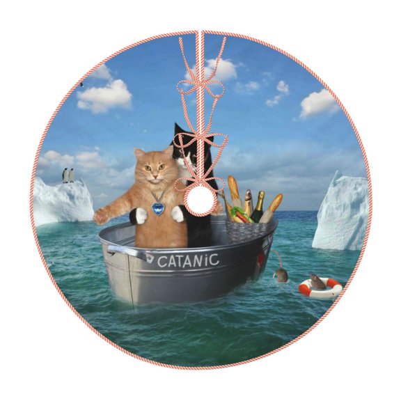 Xecao Two Brave Cats Are Floating On The Sea Iceberg Pattern Christmas Tree Skirt Holiday Part Decorations for Christmas Tree, Farmhouse Christmas Decor Xmas Holiday Home Party Decorations-30"