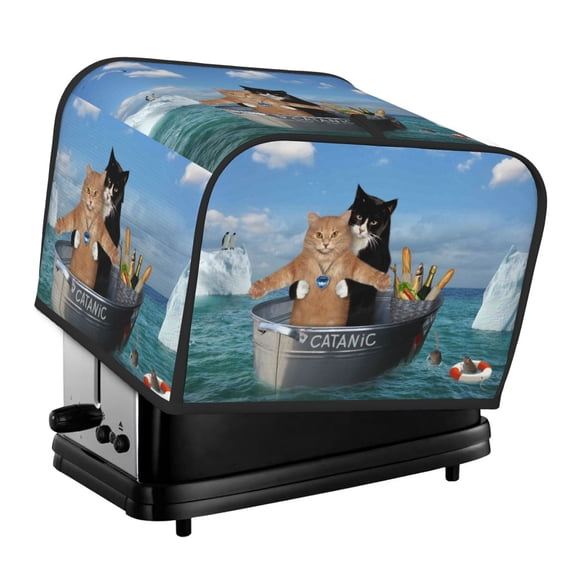 Xecao Two Brave Cats Are Floating On The Sea Iceberg Print 4 Slice Toaster Cover with Pockets, Small Appliance Cover, Dust and Fingerprint Protection, Machine Washable