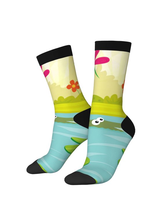 Two Frogs Are Sitting On Water Lilies Pattern Sport Socks for Women and Men Crew Socks Sporty Calf Socks Casual Socks
