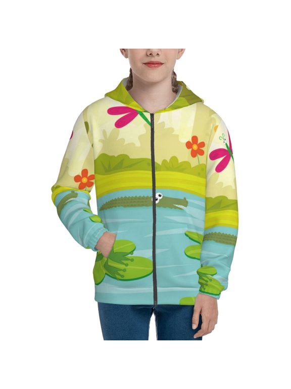 Two Frogs Are Sitting On Water Lilies Pattern Zip Up Hoodies for Boys Girls, Sweatshirt with Pockets-