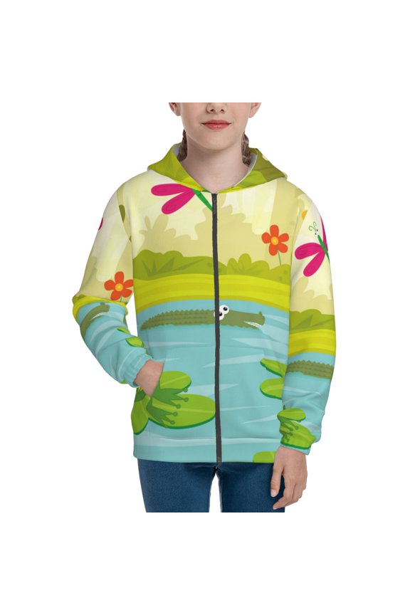 Two Frogs Are Sitting On Water Lilies Pattern Zip Up Hoodies for Boys Girls, Sweatshirt with Pockets-