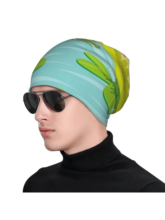 Two Frogs Are Sitting On Water Lilies Print Beanie Knitted Hat for Men Women, Winter Fashion Knit Cuffed Caps Unisex