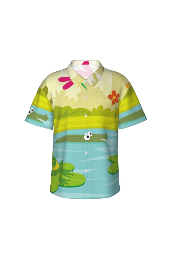 Two Frogs Are Sitting On Water Lilies Print Hawaiian shirt - A Stylish Short-Sleeve Button-Down for Men, Perfect for Casual Beach and Tropical Outings.,X-Large