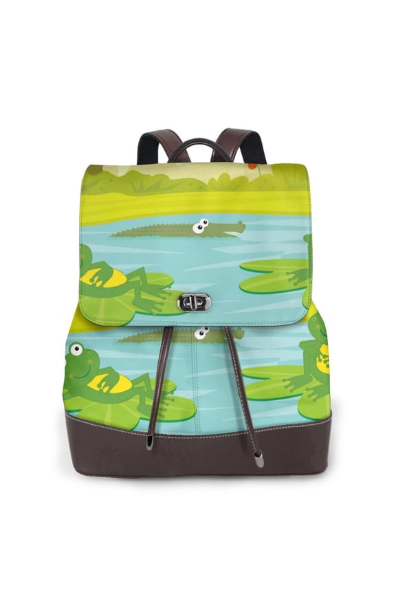 Two Frogs Are Sitting On Water Lilies Print Large Backpack Soft Leather for Women Travel with Compartment, Adjustable Convertible Strap