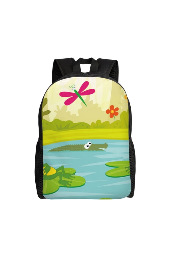 Two Frogs Are Sitting On Water Lilies Print School Backpack with Laptop Compartment Small Travel Laptop Backpack for Women Men Waterproof College Backpack Simple School Bag