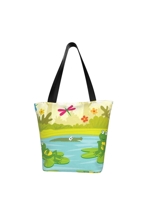 Two Frogs Are Sitting On Water Lilies for Tote Bag for Women -Tote Shoulder Bag with A Little Pocket Inside, Perfect for Travel and Work.