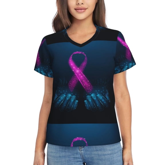 Xecao Two Human Hands are Holds Ribbon Awareness for Women's V-Neck T-Shirts-Elegant Half-Sleeve Tops Perfect for Summer-3X-Large