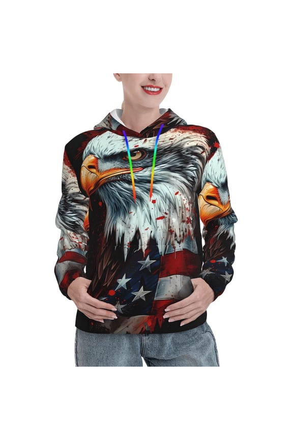 USA Bald Eagle Pattern Hoodies for Women Sweatshirts Long Sleeve Sweatshirts Pullover Outfits with Pocket-Large