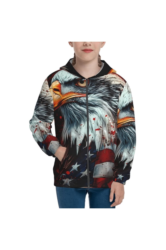 USA Bald Eagle Pattern Zip Up Hoodies for Boys Girls, Sweatshirt with Pockets-Small