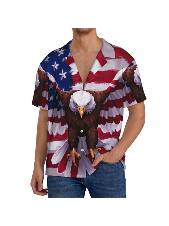 USA Eagle with Spread Wings Men's Casual Short-sleeved Shirt, a button-up collared shirt with a pocket-Medium