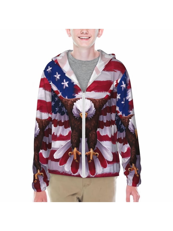 USA Eagle with Spread Wings Print Fishing Shirts for teenager Long Sleeve UV Sun Protection Hoodie with Zipper Outdoor Hiking Shirts-Large