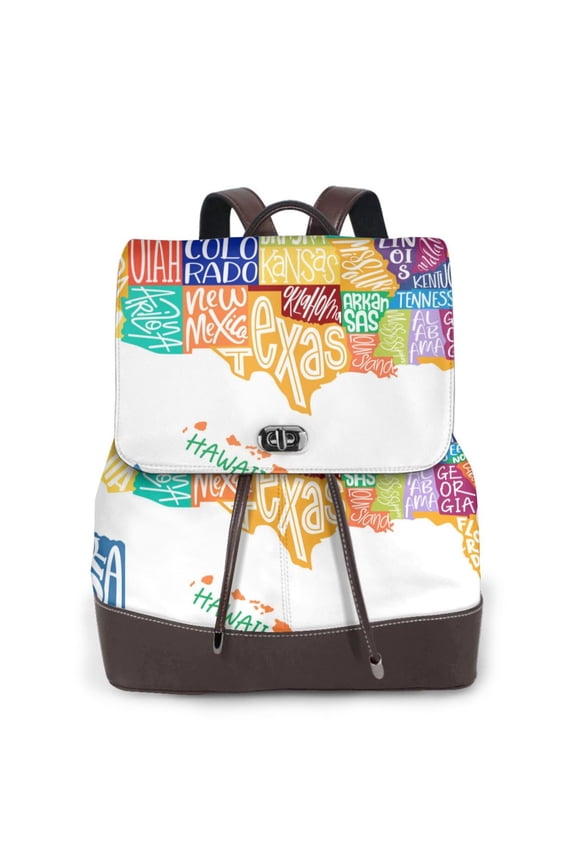USA MAP Print Large Backpack Soft Leather for Women Travel with Compartment, Adjustable Convertible Strap
