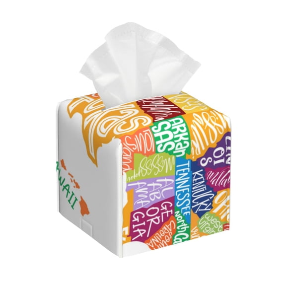 Xecao USA MAP for Tissue Box Cover Holder Square - Leather Decorative Organizer for Tabletop, Bathroom, Car, Office