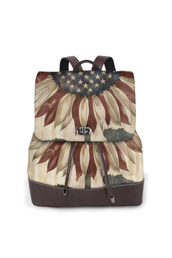 USA Sunflower Flag Print Large Backpack Soft Leather for Women Travel with Compartment, Adjustable Convertible Strap