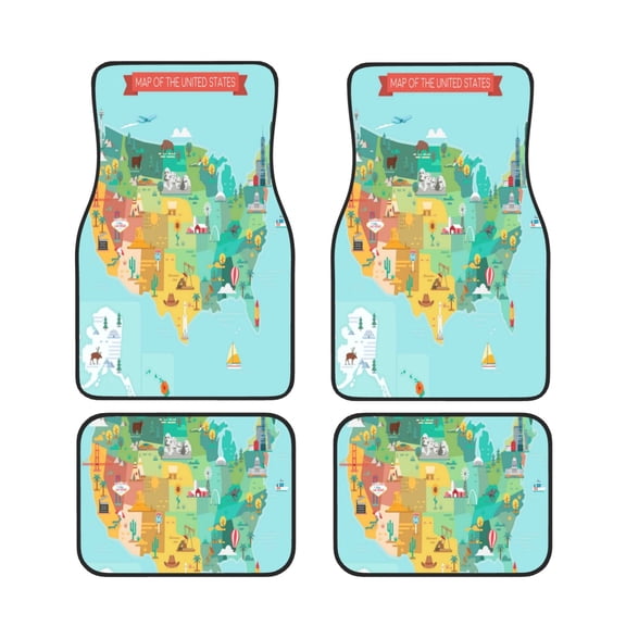 Xecao USA Tourist Map Print Car Foot Mat Set of 4 Pieces Neoprene All-Weather Dust-Proof Stain-resistantCar Interior Decorative mats Non-Slip Mats