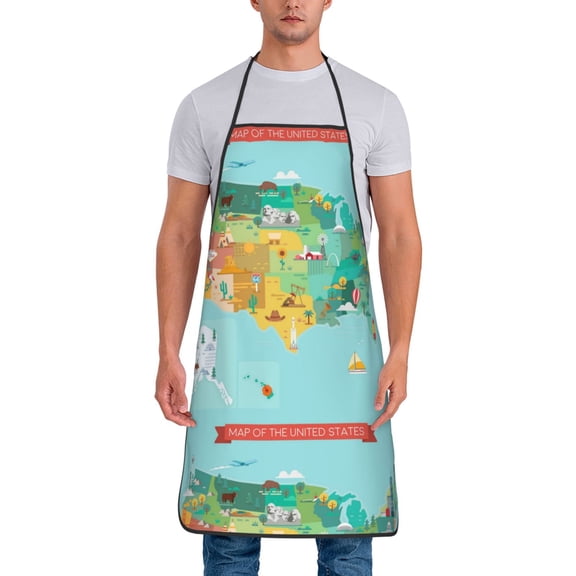 Xecao USA Tourist Map Print Funny BBQ Chef Aprons for Men Women,Adjustable Kitchen Cooking Aprons with Pocket Waterproof Oil Proof No Pilling Fading