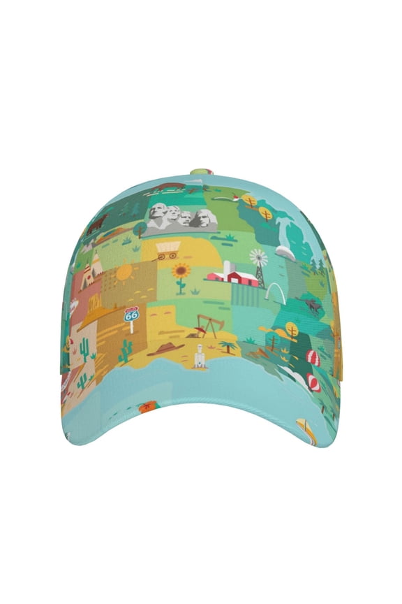USA Tourist Map for Baseball Cap: Unisex, crafted from classic polyester twill fabric, featuring a soft unconstructed design