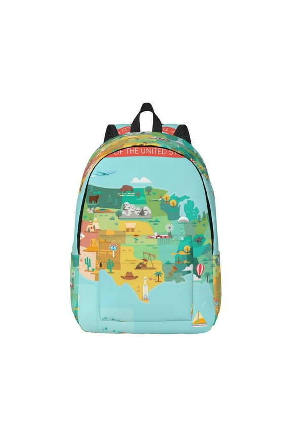 USA Tourist Map for Canvas College Laptop Backpack, Durable Rucksack Travel Notebook Bag School Backpack Book Bag for Men Women