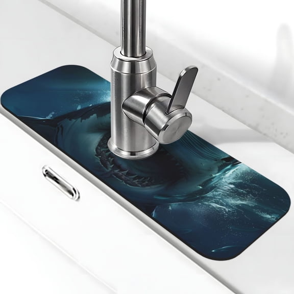 Xecao Undersea Shark for Kitchen Sink Splash Guard Faucet Mat , Faucet Guard & Draining mat, (15" X 5.5" )