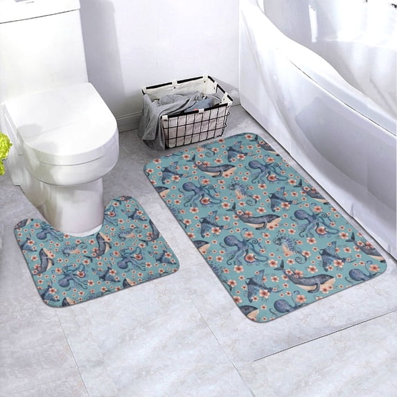 Xecao Underwater Animals and Flowers 2-Piece Vintage Seamless Anti-Skid Mat Set, featuring a stylish pattern for a safe and elegant toilet rug experience