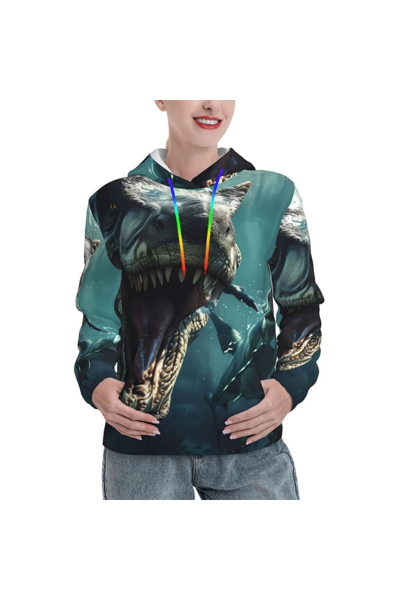 Underwater Dinosaur Shark Pattern Hoodies for Women Sweatshirts Long Sleeve Sweatshirts Pullover Outfits with Pocket-XX-Large