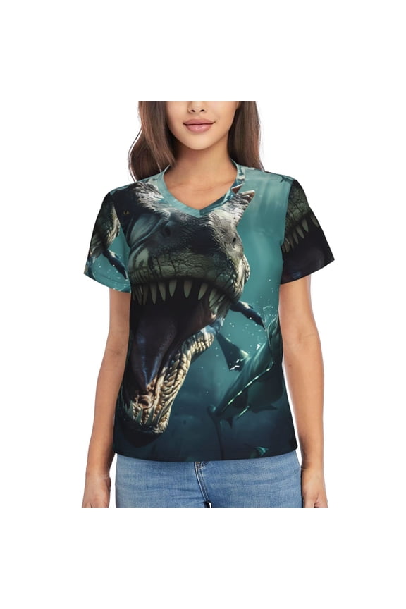 Underwater Dinosaur Shark for Women's V-Neck T-Shirts-Elegant Half-Sleeve Tops Perfect for Summer-Medium