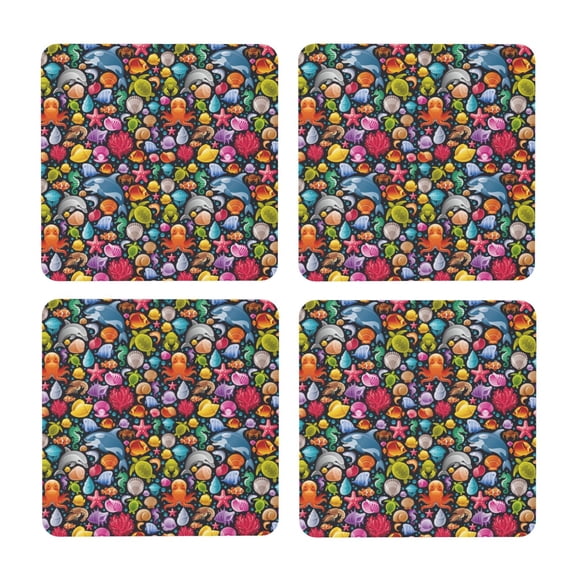 Xecao Underwater Diving Animals for MDF Cork Coaster 4 Pcs,Drink Coasters,Suit for House Warming Gifts New Home ,Coffee Table Decor-Square