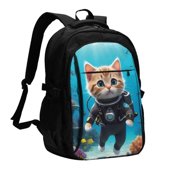Xecao Underwater Diving Cat for Travel Laptop Backpack, USB-Charging-Enabled, Spacious Business Backpack for Men and Women,College School Computer Bag
