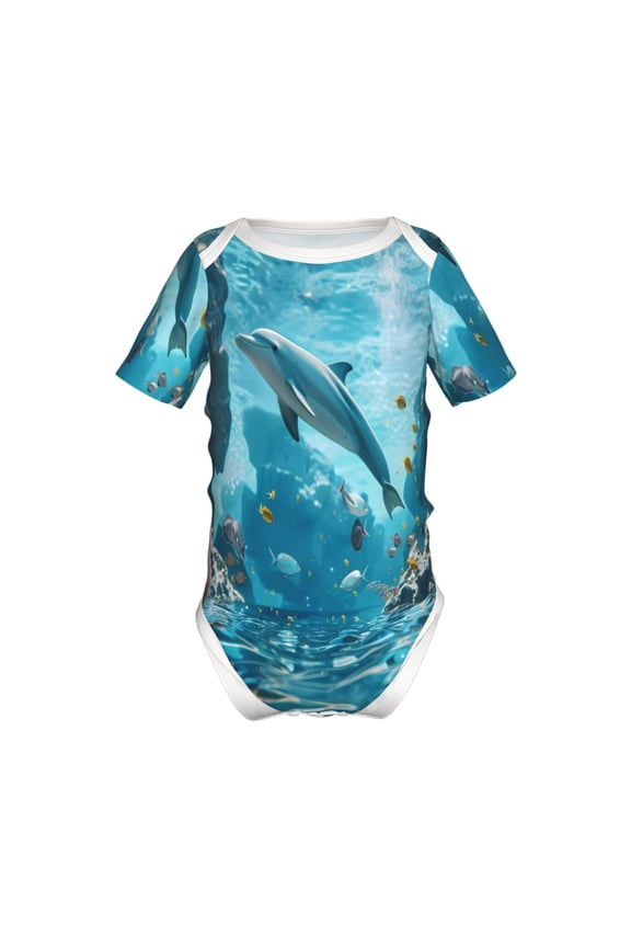 Underwater Dolphin Scene Pattern Baby Climbing Bodysuit Short Sleeve Onesie Unisex 0-12 Months Baby Shirt Newborn Outfits Crotch snap design-18 Months