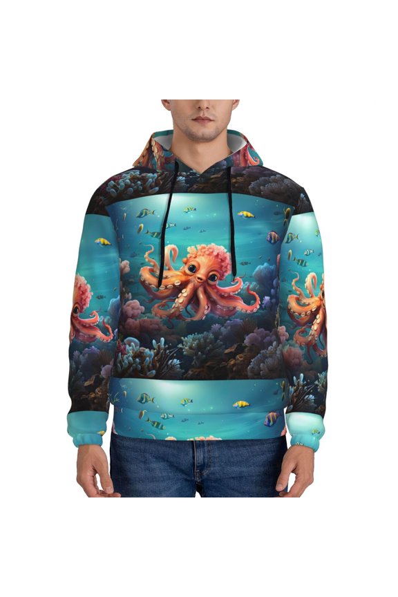 Underwater Plant Octopus Pattern Men's Adult Pullover Hoodie,Hooded Sweatshirt-3X-Large