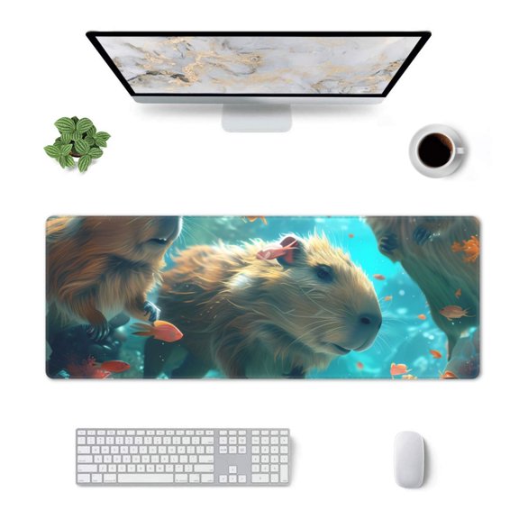 Xecao Underwater Swimming Guinea Pig for Mouse Pad - Waterproof Extended Contour Mouse Mat, Large Gaming Mousepad Laptop Keyboard Mat with Non-Slip Rubber Base