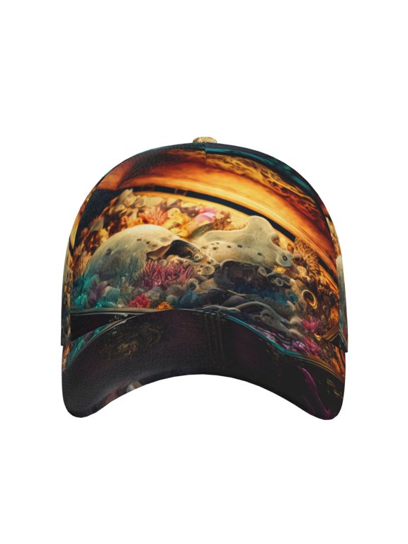 Underwater Treasure Chest for Baseball Cap: Unisex, crafted from classic polyester twill fabric, featuring a soft unconstructed design