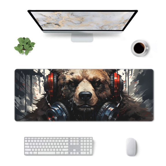Xecao Urban Bear With Headphones for Mouse Pad - Waterproof Extended Contour Mouse Mat, Large Gaming Mousepad Laptop Keyboard Mat with Non-Slip Rubber Base