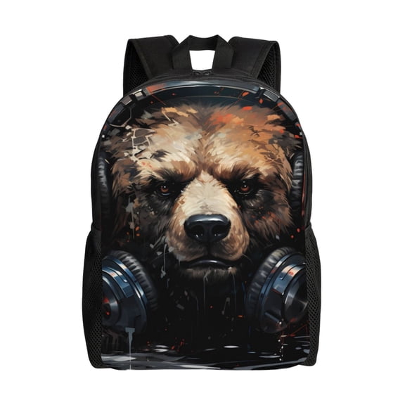 Xecao Urban Bear With Headphones Print School Backpack with Laptop Compartment Small Travel Laptop Backpack for Women Men Waterproof College Backpack Simple School Bag