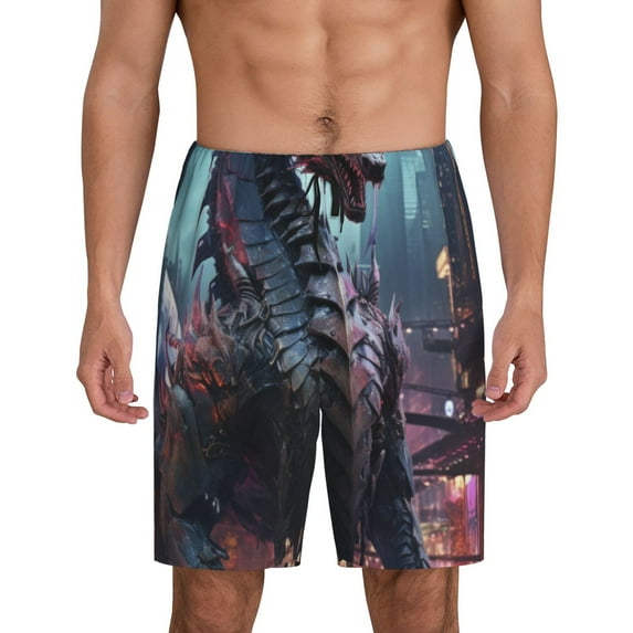 Xecao Urban Mechanical Dragon Print Men's Sleepwear Shorts Pajama Bottom Lounge Short nightwear with Convenient Pockets for Relaxed Home Wear-4X-Large