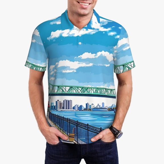 Xecao Urban Riverside Clock Tower Mens' Casual Short Sleeve Button-Down Polo Shirts for a Classic Golf Shirts-Medium