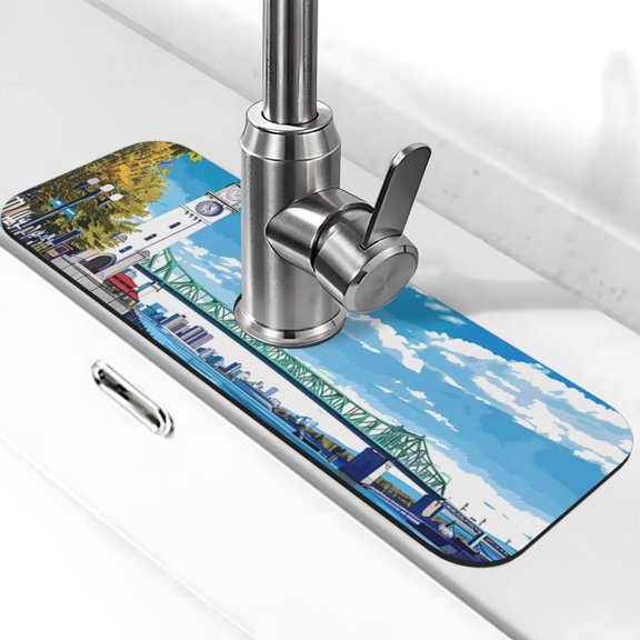 Xecao Urban Riverside Clock Tower for Kitchen Sink Splash Guard Faucet Mat , Faucet Guard & Draining mat, (15" X 5.5" )