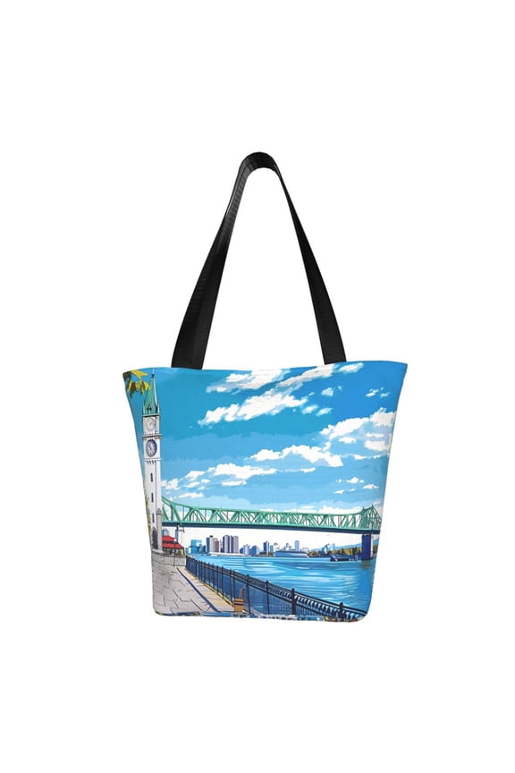 Urban Riverside Clock Tower for Tote Bag for Women -Tote Shoulder Bag with A Little Pocket Inside, Perfect for Travel and Work.