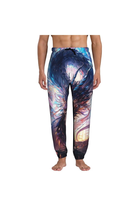 Urban Style Colorful Dragon Print Active Tech Joggers for Men, Mens Sweatpants Lounge Pants with Pockets-Medium
