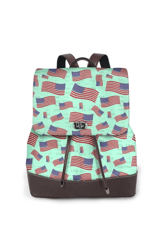 Usa Flag Print Large Backpack Soft Leather for Women Travel with Compartment, Adjustable Convertible Strap