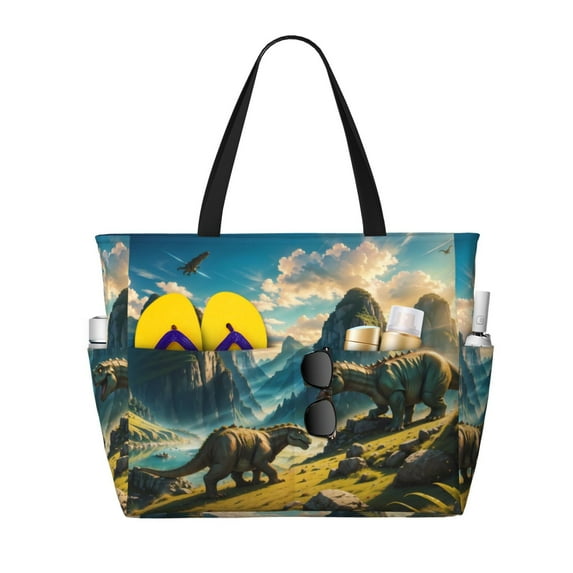Xecao Valley River Dinosaur for versatile beach bag for women includes zipper pockets and waterproof material, ideal for vacations and adventures.